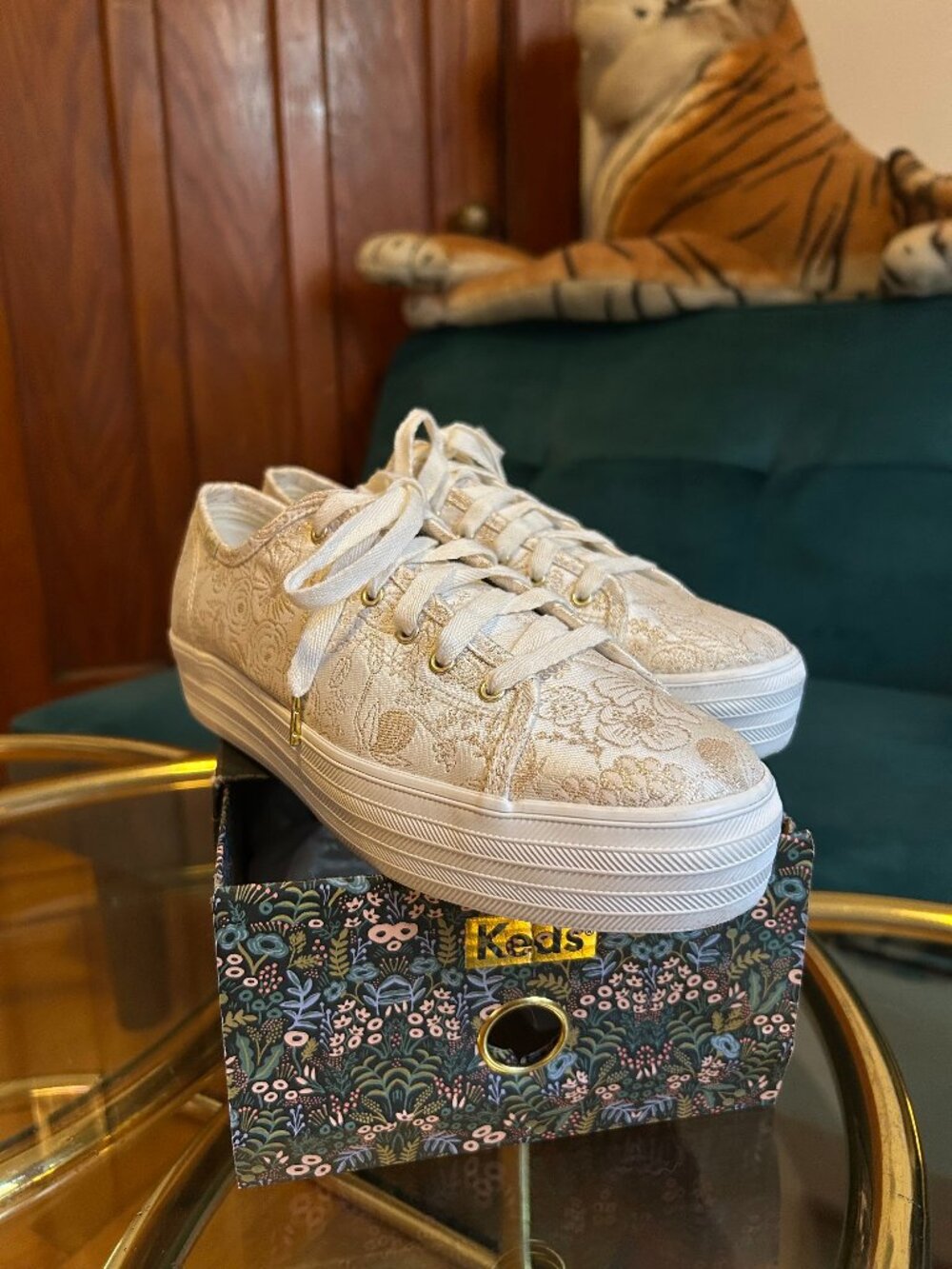 Keds x Rifle Paper Co. Triple Kick Colette Jacquard Sneaker in Gold Cream